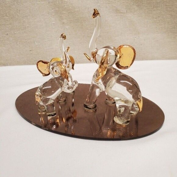 Glass Blown Elephant Trinket Ring Holder 22kt Gold Trim Mirror Base - Picture 5 of 10